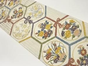 組紐亀甲に丸文・花々模様織出し袋帯